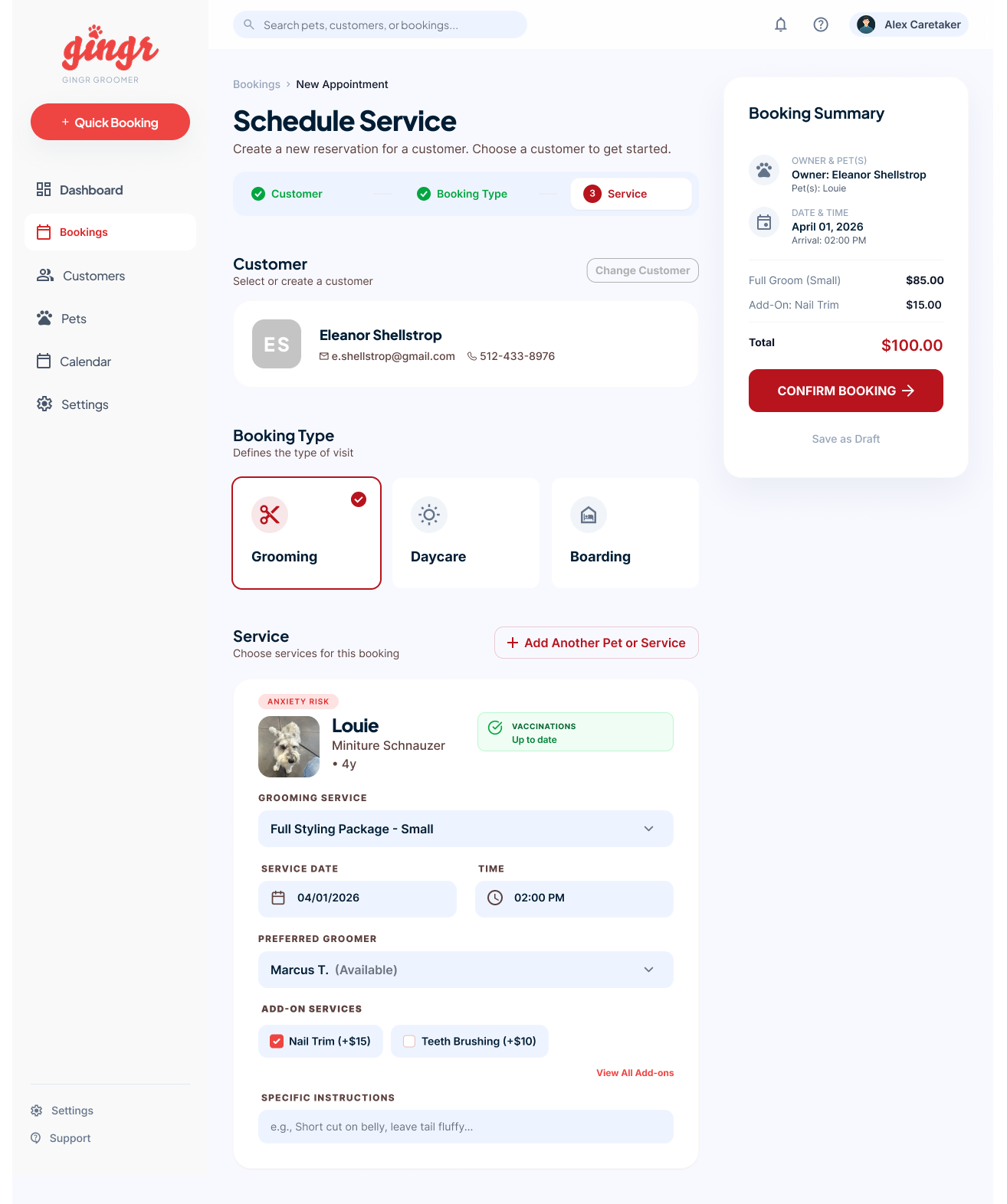 Redesigned booking after selecting a customer and pet